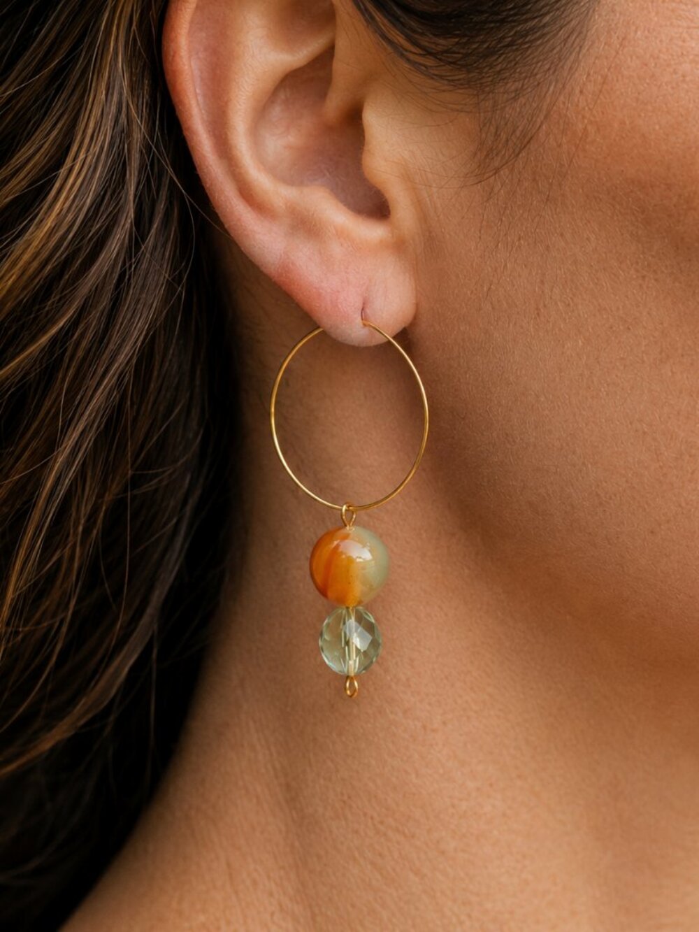 Agate Crystal Thin Gold Hoops, Handmade Cottagecore Earrings, Vintage 70s